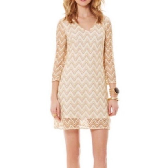 Lilly Pulitzer Dress S Small Gold Stretch 3/4 Sleeve Shift Party Cruise Holiday - Picture 13 of 13